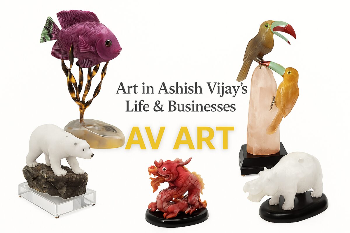 Gemstone animal sculptures from AV Art, showcasing Ashish Vijay’s artistic vision in business and life