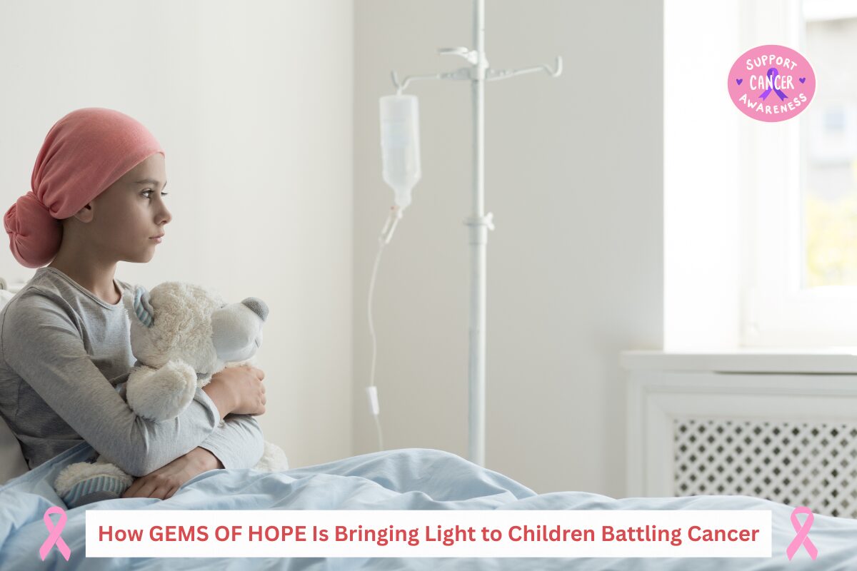 Child battling cancer holding teddy bear in hospital bed for childhood cancer awareness campaign by GEMS OF HOPE.