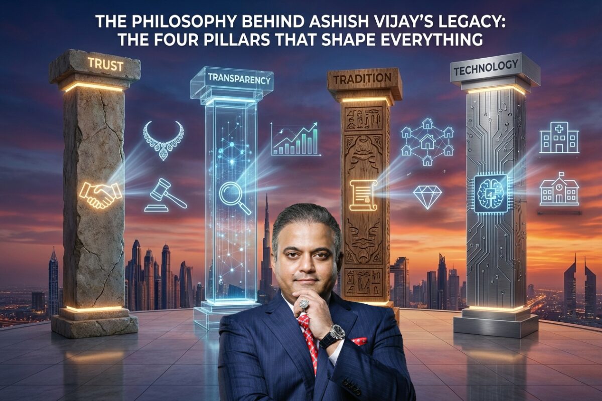 Ashish Vijay standing before four pillars representing Trust, Transparency, Tradition, and Technology against the Dubai skyline